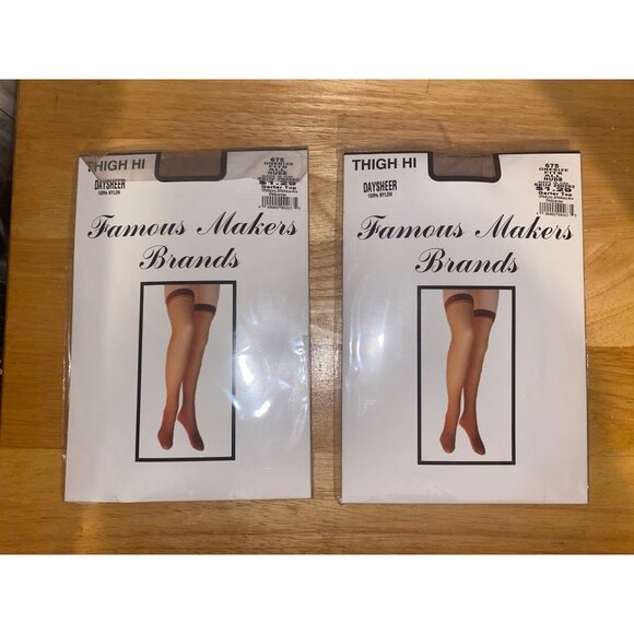 Set of 2 Famous Makers Brands Thigh Hi Daysheer Nude Panty Hose 100% Nylon OS - Picture 1 of 4